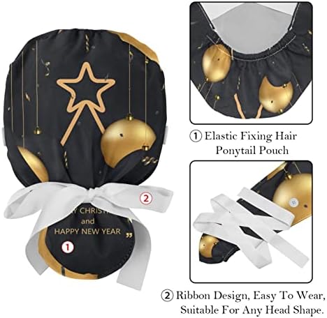 Capitões médicos para mulheres com botões de cabelo comprido, boné de trabalho ajustável de 2 peças, Christmas Golden Snowflakes