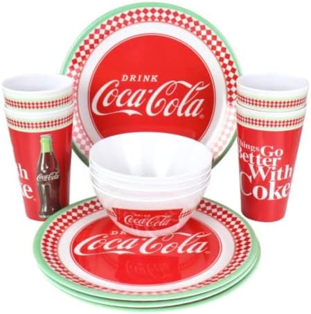 12 peças Coca-Cola Dinnerware Conjunto, As coisas vão melhor com a Coca-Cola, Classic Classic, Melamine Plastic, Red, White