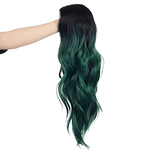 Baruisi long curly ondulada ombre preto peruca verde síntéticos parte médio natural parte de cosplay perucas para mulheres