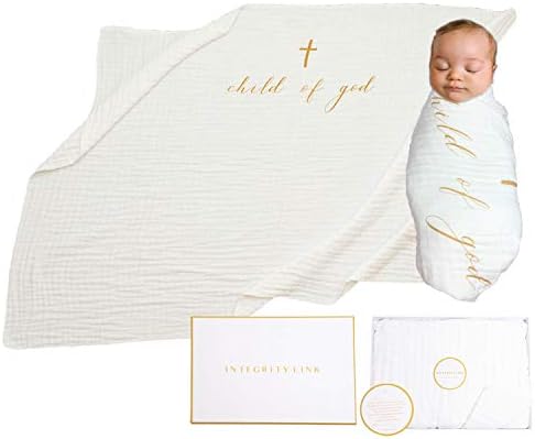 XLARGE 55 x 39 de algodão orgânico Baby Blanket-'Child Of God' com caixa de presente e tag de presente para manta de batismo, nova mãe, presente de batismo, menino ou menina, afilhado, afilhado macio, respirável, respirável