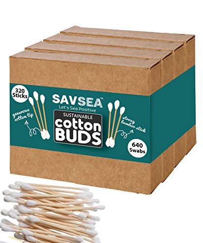 Savsea Bamboo Algodão fones de ouvido, swabs, 320 hastes, 640 swabs, brotos de algodão adequados para adultos e bebês,