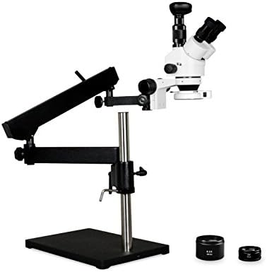 Vision Scientific VS-9FZ-IFR07-3N Microscópio estéreo de zoom trinocular de zoom trinocular, 10x, ampliação de 3,5x-90x, lente auxiliar de 0,5x e 2x, articulando o suporte do pilar de braço com base, câmera ocular de 3,0MP digital