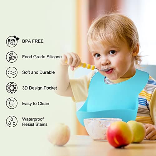 Silicone ajustável com bolso de apanhador de alimentos de babadores para bebês e crianças pequenas, babadores à prova d'água para