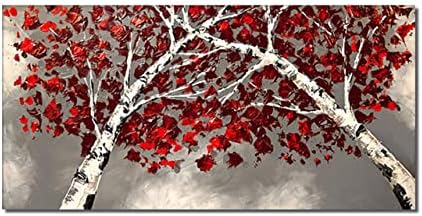 Árvores abstratas com folhas vermelhas pintura a óleo pintada à mão na tela-paisagem vermelha de flor de folhas