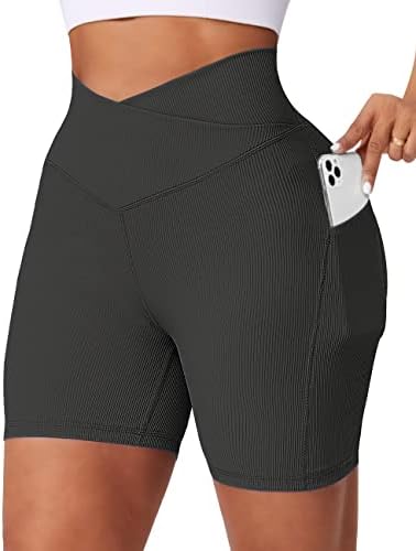 Gillya Women's Ritbed Cross Workout Shorts Scrunch Butt Shorts com bolsos de cintura alta V Cross Biker Shorts