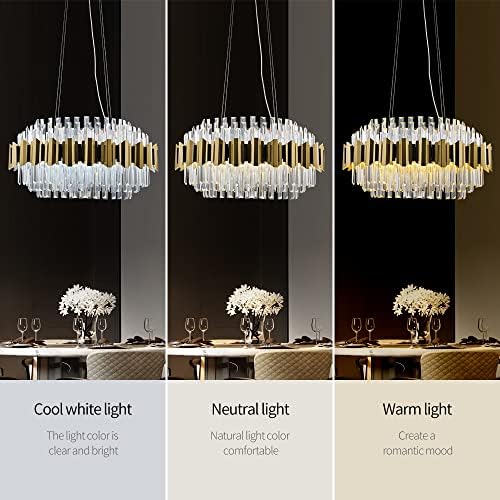 Wabon Modern K9 Crystal Candelier, Luxuros pendentes redondos de ouro Retorneiro, LED de LED de três cores LED de altura LED de teto pendurado para sala de jantar Sala de estar da ilha de cozinha D 23.6