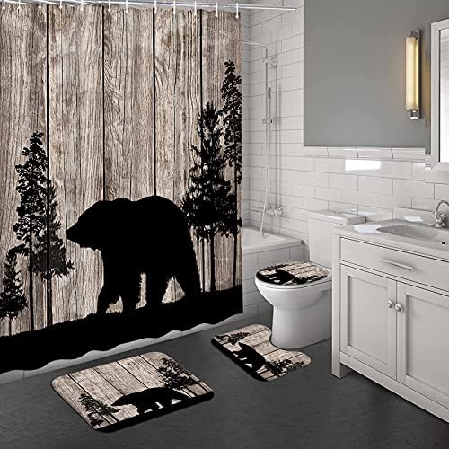 Urso preto Simiwow em cortina de chuveiro florestal conjunto com tapetes Woodland Animal Country Farmhouse Cabin Banheiro Decor Cortina, conjunto de 4