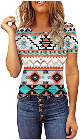 Camisas de manga curta para mulheres Crew pescoço asteca astecas geométricas Tees gráficos Bloups Casual Plus Size