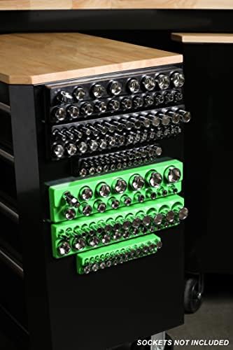 Ares 60160-6 conjunto de pacote Métrico e SAE Organizadores de soquete magnético -preto e verde -1/4 pol, 3/8 pol.