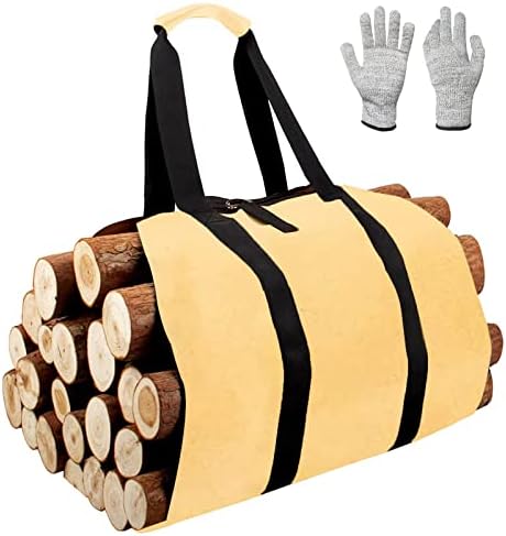 A bolsa de transportadora de lenha inclui luvas à prova de corte para o suporte de lenha para lenha para lenha, para lareiras e fogões de madeira em casa acampamento externo ou churrasco de churrasco