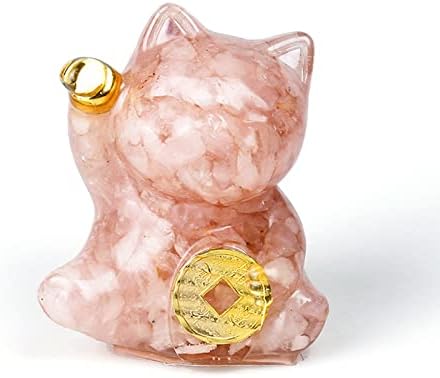 Owmell Crystal Lucky Beckoning Cat estátua, Maneki Neko Feng Shui Cat estatueta, Quartz de rosa natural caiu estátua