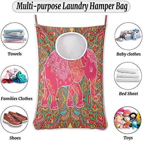 Saco de cesto de roupa de lavanderia de elefante étnico, sobre a porta da roupa de lavanderia, bolsa de armazenamento durável