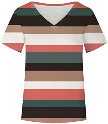 Top camiseta para senhoras outono de verão de manga curta 2023 de pescoço de pescoço de pescoço, camisa casual listrada de algodão 32