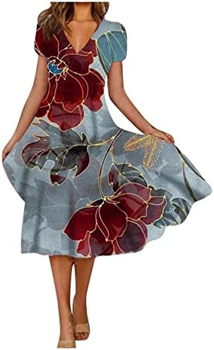 Vestido de giro do pescoço feminino boho de verão de manga curta Midi Casual 2023 sexy floor de vestido de verão floral