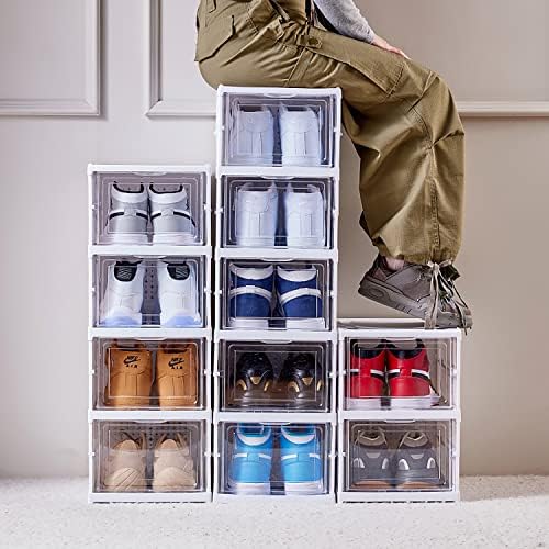 Caixa de armazenamento do Organizador de sapatos frontal Gudemay, sem caixas de armazenamento de calçados empilháveis ​​com porta transparente, armário de prateleira de sapatos de pé livre com tampas, rack de sapatos de plástico para entrada no armário, conjunto de 3 camadas