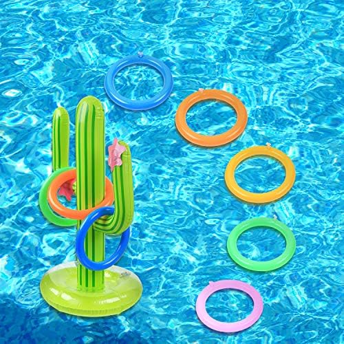 Conjunto de jogos infláveis ​​de arremesso de anel de cacto inclui 2 peças Cacto inflável, 10 peças Anéis infláveis ​​para suprimentos de festa na piscina da piscina de verão