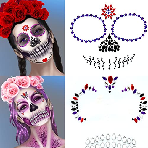 Skull Face Gems Jóias Strass, Halloween Tattoos temporários de rosto, Day of the Dead Face Tattoo Stickers, Crystal Body Gems Gas