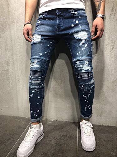 Jeans de jeans destruídos de Andongnywell, calça jeans de jeans angustiados com furos com o botão de zíper bolso