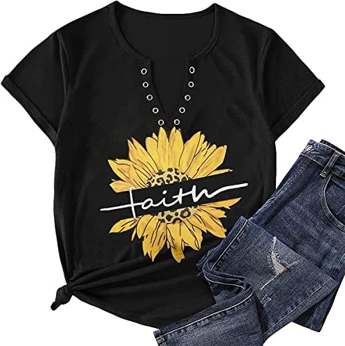 Camisas Faith para mulheres Tees gráficos de girassol fofo Carta fofa Impressão Athletic T-shirt Summer Summer Casual Short Sleeve Tee Tops