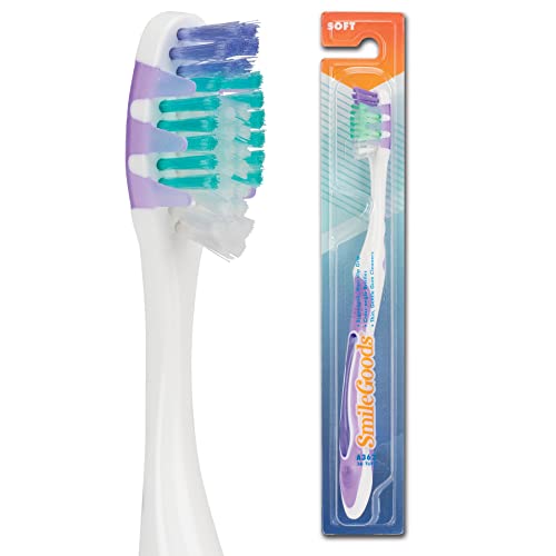 SmileGoods A362 escova de dentes, 36 tufos, cerdas macias, com limpador de goma e língua embutida, 72 escovas de dentes premium embaladas individualmente, pacote de cores sortidas