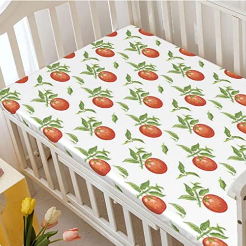 Folha de berço ajustada com tema de tangerina, lençóis de colchão de berço padrão folhas de cama macias e respiráveis ​​para meninos ou garotas ou berçário, 28 “x52”, vermilion verde samambaia branca