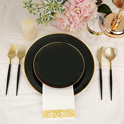 350pcs preto e dourado dinneare de plástico, placas de plástico preto com aro dourado, talheres de plástico dourado, xícaras de plástico