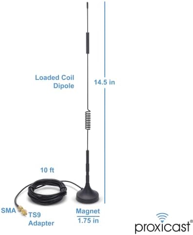 Antena magnética externa Proxicast 4G/5G - 7 dBi bobina carregada com conectores SMA & TS9 Compatível com AT&T Nighthawk, Verizon Jetpack,