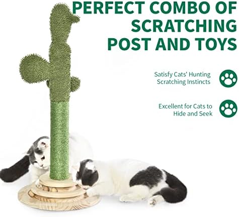Postagem de arranhões do gato Yokee, cactus gato scratcher de madeira brinquedos, gatinhos de duas camadas para gatos internos, sisal gato scratch post com bolas interativas pendentes e rastreando