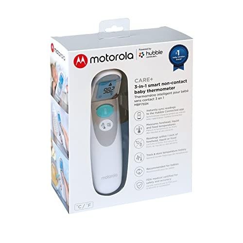 Motorola MBP75SN Cuidado+ Testa inteligente não -contato e termômetro de bebê líquido - dispositivo clínico de mão digital para crianças e adultos - Leitor de temperatura rápida e precisa sem toque - LCD LCD
