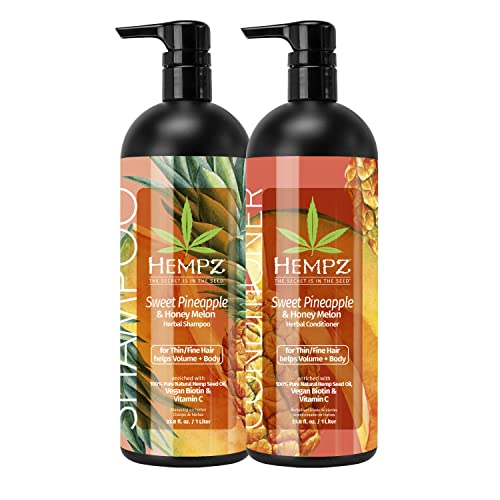 Hempz Hair Shamoo & Condicionador Conjunto - Abacaxi doce e perfume de melão para cabelos finos/finos seco, danificado e tratados a cores, hidratação, amolecimento, hidratante com biotina Duo Conjunto - 33,8 fl oz