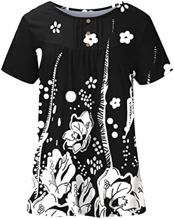 Túdos de túnica feminina para leggings camisetas de manga curta estampada floral Botton Up Casual Ruched Bloups Roupas 2023 Trendy