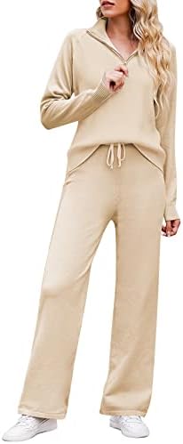 Toleny Casual Ricbed Knit Lounge Conjuntos para mulheres Pullover de meio zíper e roupas de traje de calça de cordão