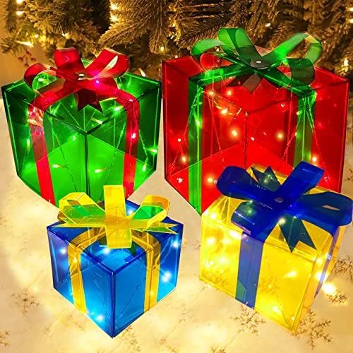 [Tamanho maior 12 -8 -6 -5] 4 PCS 70 Caixas de presente iluminadas LED Caixas de decoração de Natal Adaptador de Natal Power transparente Caixas atuais de Natal