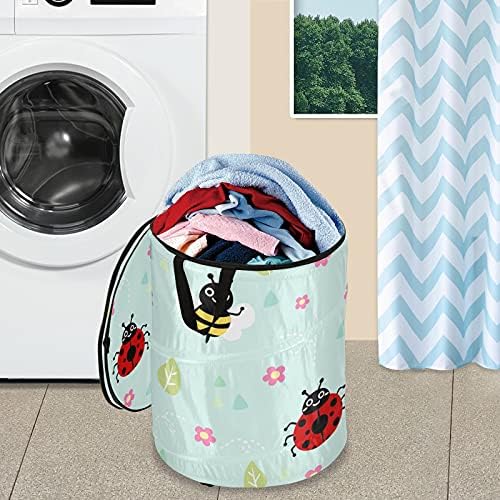 Ladybug Bee Pop Up Laundry Horty com tampa de tampa com zíper cesta de roupa dobrável com alças Organizador de roupas de cesto de armazenamento