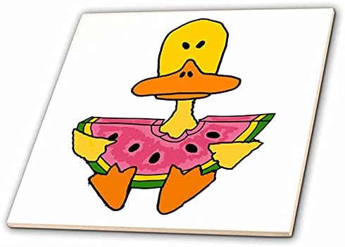 3drose All Smiles Art - Engraçado - Funnamente Duck Amarelo Comer desenho animado da melancia - azulejos