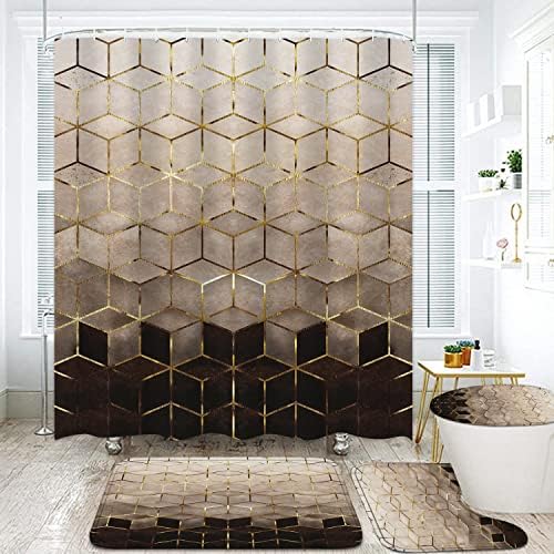 LQCOOL 4PCS Brown Gradient Chuser Curtain Conjunto, moderno conjunto de cortinas de chuveiro geométrico conjunto de linhas cúbicas douradas Texture Art Bath Bath Acessórios com tapetes