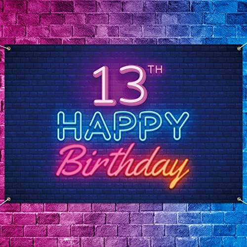 Glow Neon Feliz aniversário de 13º aniversário Decoração de banner preto brilhante colorido de 13 anos de festa de aniversário