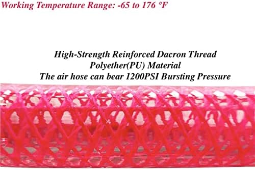 Mangueira de ar de poliuretano de Sanfu 1/4 de polegada x 100 pés reforçados e temperatura anti-baixa leve 300psi com um acoplador e plugue de bronze industrial de 1/4 ”de 1/4”, restritor de dobragem, rosa