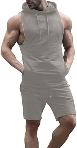 Narhbrg 2 peças roupas para homens com capuz conjuntos de traje casual colorido de cor sólida sem mangas tampas de shorts confortáveis.