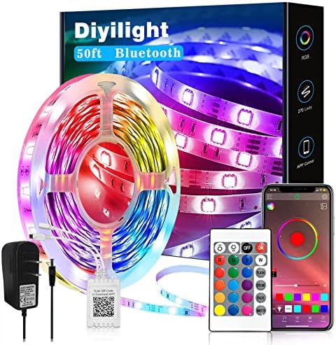 Luzes de tira de LED de diyilight 50 ft tiras de luz inteligentes com controle remoto de aplicativos, luzes LED 5050 RGB para o quarto,