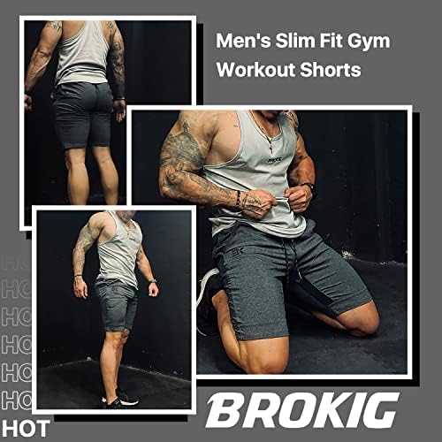Brokig Mens coxas Mesh malha de bodybuilding shorts, treino atlético tremoço em forma de corrida para homens com bolso com zíper