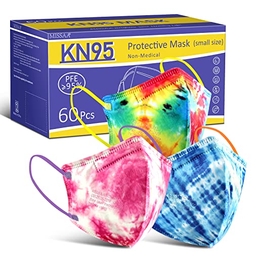 Máscaras de rosto missaa kn95 para crianças 60 PCs, 5 camadas máscara de proteção descartável tamanho pequeno com earloops elástico para crianças meninos meninas escolas de uso externo interno, tie-dye