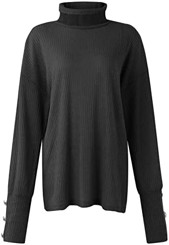 Suéteres de algodão feminino Turtleneck Top Pullover solto botão para cima de manga comprida Camisa de fundo de malha de cor sólida