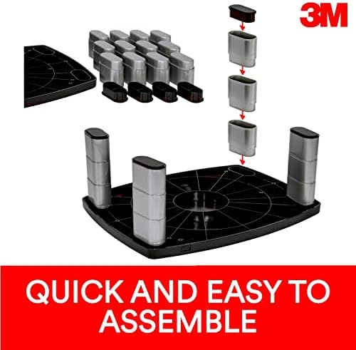 3m Stand de monitor extra ajustável, três pernas simplesmente ajustam a altura de 1 a 5 7/8, a plataforma resistente detém até 40 libras, espaço de 16 polegadas entre colunas para armazenamento, prata/preto