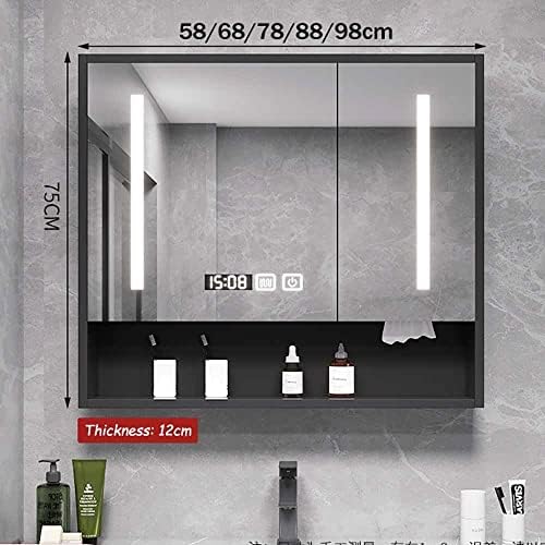 Armário de espelho de banheiro tecido, armário de remédios inteligentes montados na parede com espelho de LED, impermeável anti-capa,