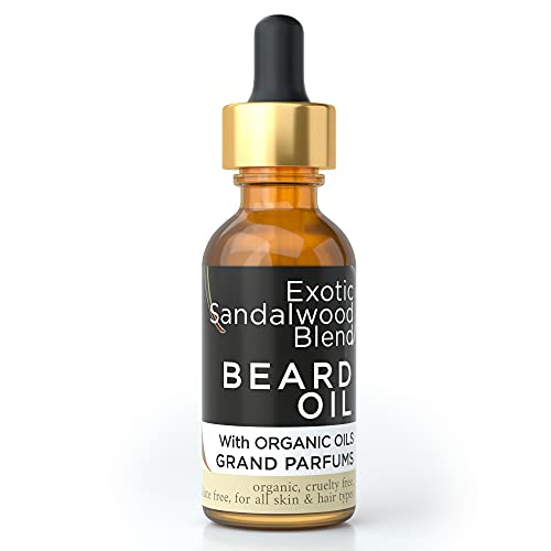 Óleo de barba masculina de Grand Parfums Orgânico Puro Condicionamento Natural Infundido com Sândalo Exótico e Óleos Essentiais de Spice, Argan, Amêndoa, Jojoba & Castor Óleos - Mais suave, mais forte e preparada