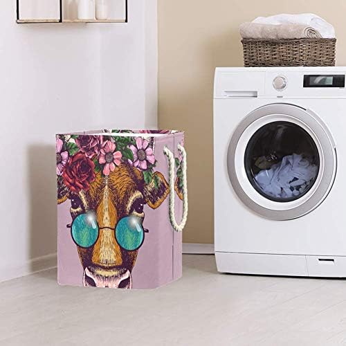 DJROW Tester Fashion Cow Retrato com grinalda floral e óculos de sol redondos lixo dobrável de lavanderia com alças roupas
