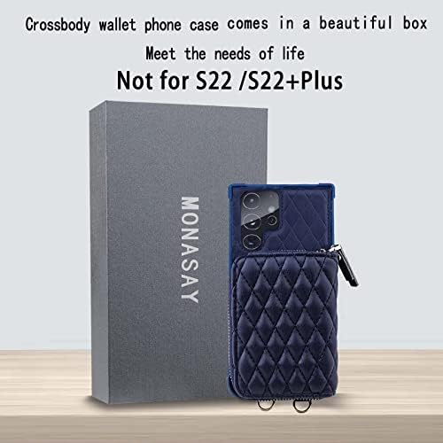 Monasay Zipper Cartet Case para Galaxy S22 Ultra 5G, [Protetor de tela] [Bloqueio de RFID] Flip Leather Bandbag Tampo com suporte de cartão e cinta de cordão de ombro de crossbody para Samsung Galaxy S22 Ultra