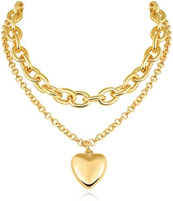 Colar de pingente de camada dupla e robusta: jóias de moda de moda de corrente espessa de 14k em forma de coração de ouro - clipe