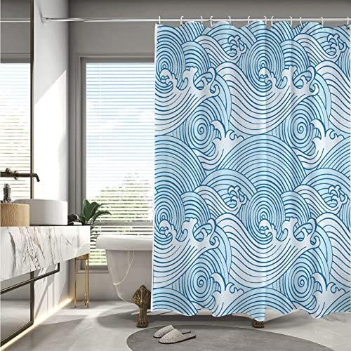 Cortina de chuveiro de onda de ondas decorvias para banheiro, cortinas de chuveiro azul e branco conjunto para banheiro